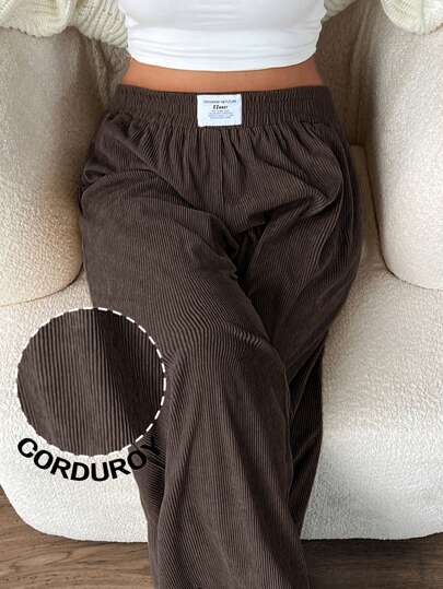 SHEIN EZwear Plus Size Women Corduroy High Waist Wide Leg Trousers With Pockets & Patch Design, Suitable For School, Daily Life & Indoor Work, Autumn/Winter