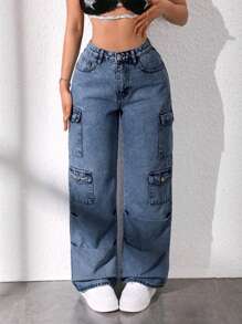 SHEIN ICON Calça Denim Larga com Bolso de Abas, Ajuste Solto, Estilo Casual Streetwear, para Mulheres - Lavagem Média - Visão 4