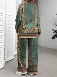 EMERY ROSE Vintage Floral Print Casual Minimalist Plus Size Sweatshirt Set, Spring & Autumn