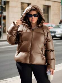 SHEIN Cottnline Plus Solid Zip Up Hooded Padded Coat, For Winter - Brown - View 4