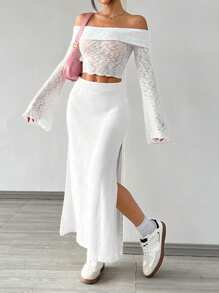 SHEIN EZwear Knitted Slit Elastic Waist Long Casual Skirt For Women - White - View 6
