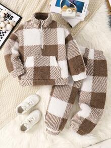 2 件套儿童男童女童休闲格子双面羊毛圆领落肩运动衫和弹力袖口裤子套装，厚实保暖舒适，适合户外、室内、学校、秋冬季 - 咖啡棕 - 查看 4