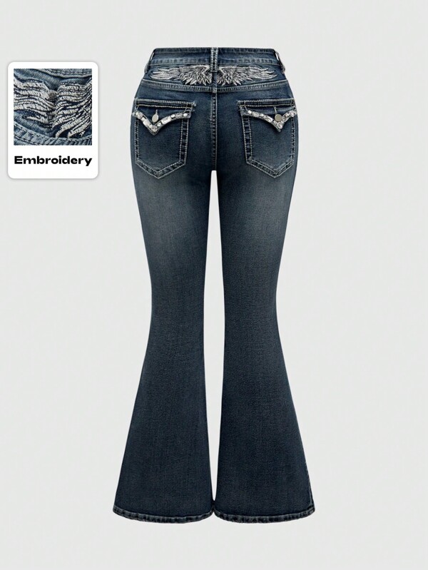 ROMWE Grunge Punk Plus Size Embroidered Wings & Rhinestone Decorated Flared Jeans
