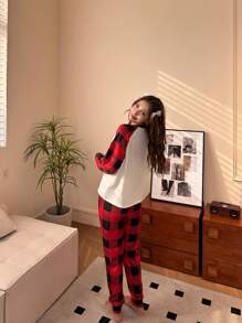 SHEIN Bộ đồ ngủ chống cháy 2 món/bộ cho bé gái tuổi teen, cây thông Noel ngày lễ & áo thun tay dài cổ tròn họa tiết kẻ caro & quần dài thường ngày rộng rãi - Nhiều màu - Xem 3