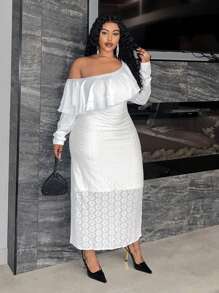 Slaydiva Plus Size Women Elegant Lace Contrast Knitted Dress - White - View 4