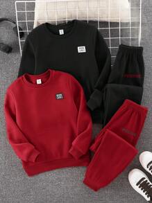 Tween Boy 4pcs/Set Fall Casual Round Neck Pullover Sweatshirt & Jogger Pants Two-Piece Outfits - Red - View 3