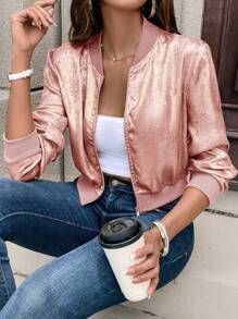 SHEIN LUNE Solid Color Zip-Up Foil Short Casual Lightweight Jacket, Long Sleeve Fall Winter Cloth For Women - Pink - View 1