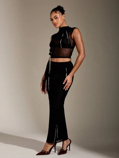 MISSGUIDED 花朵与水晶缀饰网眼撞色短款上衣和长款紧身裙 2 件套