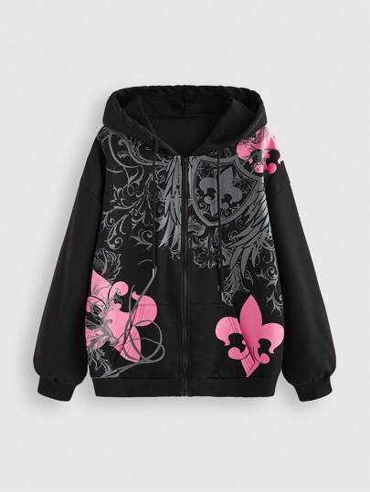 Kawaii Sudadera con capucha casual y cómoda con diseño de cruz rosa en estilo grunge de hadas para mujer