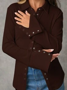 SHEIN BAE 女士春/秋/冬纯白色休闲百搭针织纽扣长袖衬衫/上衣