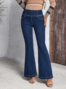 SHEIN LUNE 女式休闲喇叭牛仔裤，带口袋 - 藍色 - 查看 4