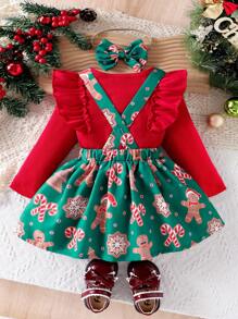 2pcs Infant Baby Girls Ruffled Floral Long Sleeve Bodysuit & Overalls Dress Set With Matching Bow Hairband, Autumn - Red - View 2