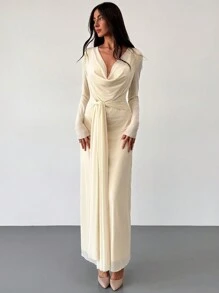 Aloruh Plunging Draped Neck Long Sleeve Skin-Tight Mesh Apricot Color Dress, Suitable For Romantic Dates,Summer Dresses For Women,Tea Party Dress - Apricot - View 3