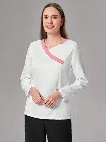 TaskEZ Blusa de uniforme casual tipo bata con mangas largas, bolsillo y bloqueo de color para mujeres