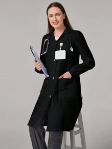 SHEIN TaskFit Áo khoác phòng thí nghiệm dài tay có túi, nút phía trước, màu trơn - màu đen - Xem 8