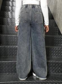 SHEIN 女孩复古街头风牛仔工装裤 - 中等水洗藍 - 查看 2