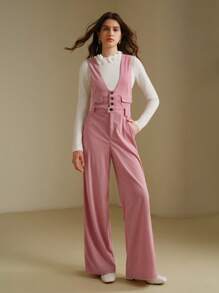 Anewsta Pijama elegante de mujer con efecto pana, decoración de bolsillo falso para uso diario