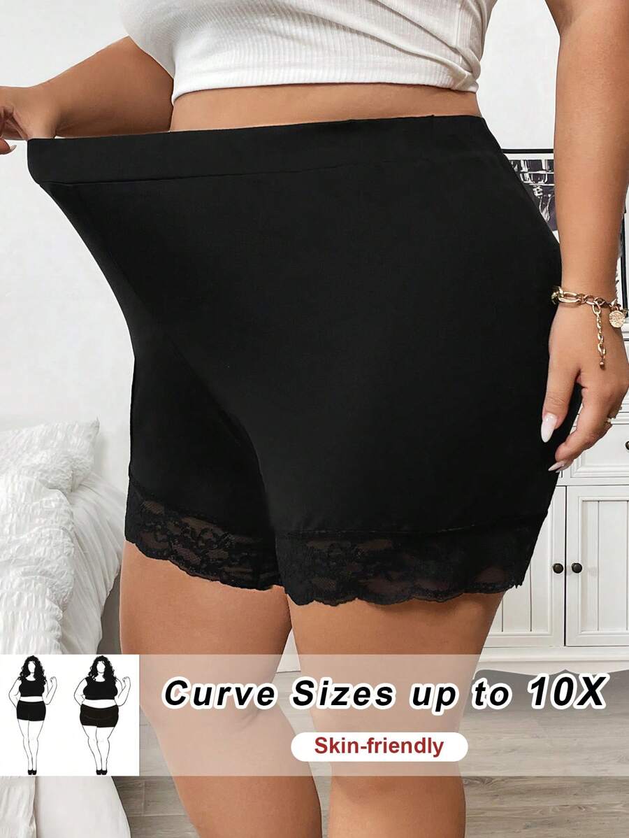SHEIN CURVE+ Plus Size Women's Lace Patchwork Leggings And Shorts (2 Pieces Set) - Black - View 1