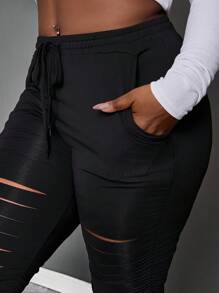 Maweii 大码女式纯色系腰破洞口袋紧身休闲裤 - 黑色 - 查看 7