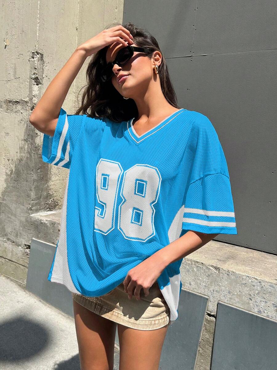 Denimoi Women's Loose V-Neck Dropped Shoulder Numeric Print T-Shirt, Casual - Blue and White - View 1