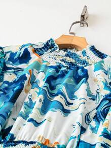 SHEIN LUNE Vestido elegante de manga farol con cintura recogida e impresión de mármol para mujer de talla grande, otoño