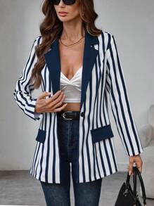 RosyDaze Women's Single Button Striped Print Elegant Long Sleeve Blazer