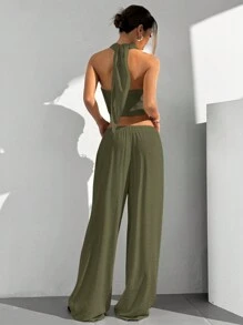 SHEIN EZwear Women Solid Crossover Cropped Top And Pants 2 Pieces Set, Casual Outfit