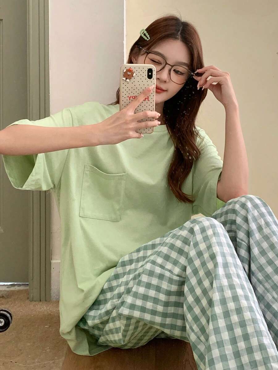 DAZY Set Of Round Neck T-Shirt Top And Plaid Pants Casual Loungewear Pajama