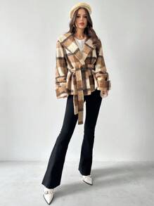 Firerie Nieuwe elegante en modieuze omkeerbare geruite getailleerde jas met taillebandontwerp, warm voor herfst/winter