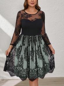 SHEIN Clasi 大码优雅蕾丝拼布 A 字形连衣裙，秋季 - 藍色 - 查看 4