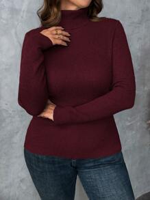 SHEIN LUNE 3pcs Women Plus Size Simple Solid Color High Neck Ribbed Knit Fitted Pullover Sweater, Casual & Versatile, Winter - Burgundy - View 5
