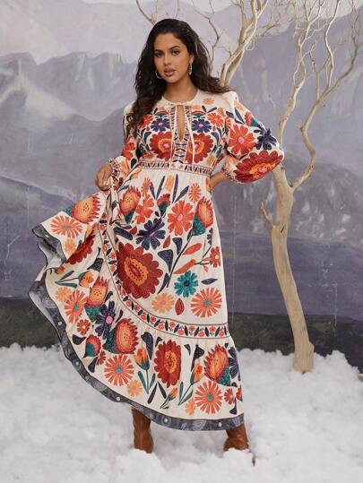 SHEIN VCAY Plus Size Vacation Chiffon Print Tied Long Sleeve Dress,Beach Dress Sundress,Holiday Outfits Boho