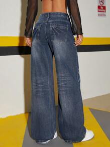 SHEIN ICON Women Casual Washed Mid-Waist Wide Leg Jeans - Dark Wash - View 3