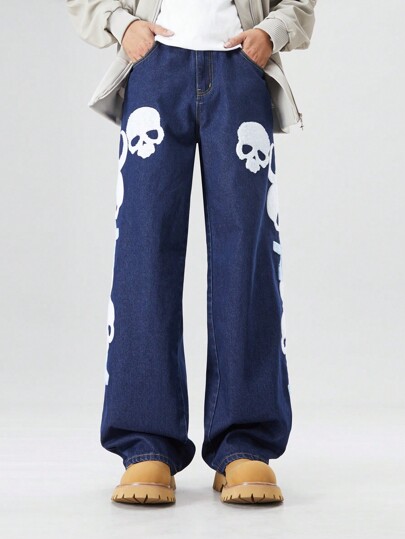 Street Life Men's Casual Skull Patch Pocket Versatile Denim Jeans