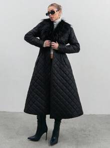 EURMUSE 长款拼接棉衣，带领子，毛皮细节，绗缝面料