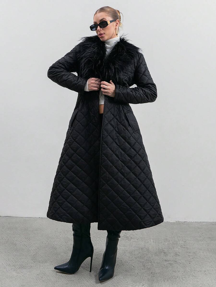 EURMUSE 长款拼接棉衣，带领子，毛皮细节，绗缝面料