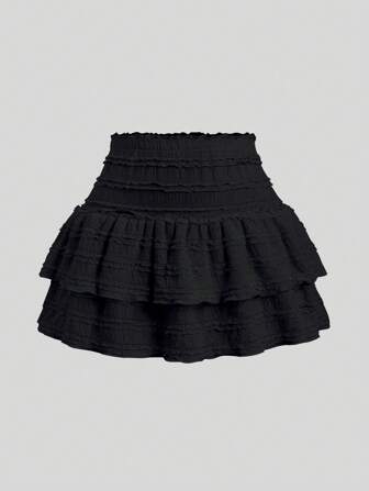 Sweetra Women Solid Color Textured Fabric Ruffle Hem Skirt Y2K   Mini Short Women