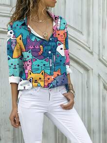 Cartoon Cat Print Vacation Style Casual Buttoned Front Long Sleeve Shirt, Women - Multicolor - View 5