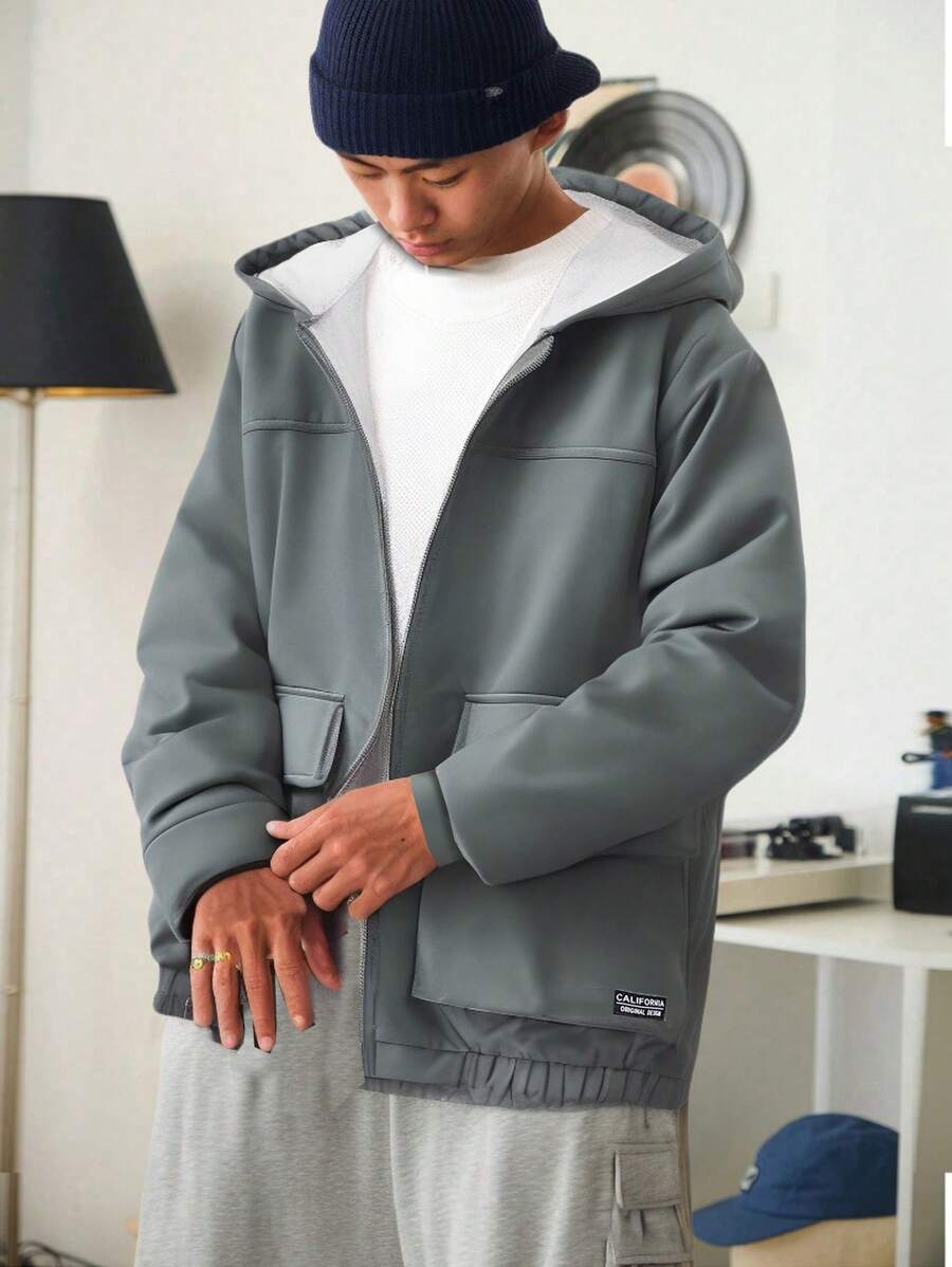 SHEIN Leap Crew 1pc Multifunctional Comfortable Casual Grey Knitted Thermal Lined Hooded Jacket With Large Pockets, Back To School Outfit For Teen Boys, Autumn/Winter Set - Grey - View 1