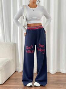 INAWLY Women Patchwork Plaid Slogan Print Elastic Waist Loose Wide Leg Casual Pants