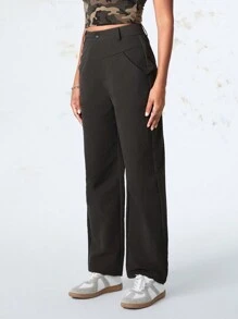 SHEIN Sports 女士纯色口袋直筒户外运动裤 - 巧克力棕 - 查看 4