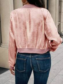 SHEIN LUNE Solid Color Zip-Up Foil Short Casual Lightweight Jacket, Long Sleeve Fall Winter Cloth For Women - Pink - View 2