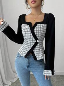 Selianne 女式撞色拼接通勤优雅法式可爱休闲聚会约会撞色黑白长袖弹力针织百搭粗花呢甜心领方领圆领纽扣修身腰部时尚原创设计衬衫女式衬衫，长袖上衣 - 黑色 - 查看 7