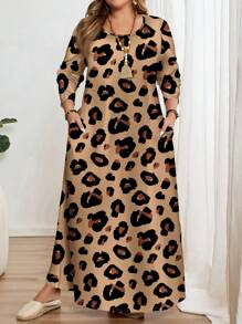 EMERY ROSE Plus Size Leopard Print Long Sleeve Round Neck Dress, Suitable For Autumn/Winter
