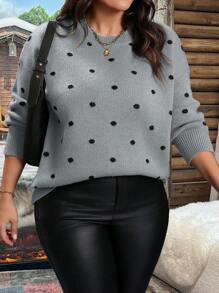 SHEIN LUNE 大码休闲落肩波点图案毛衣，秋冬针织套头衫 - 淺灰色 - 查看 1