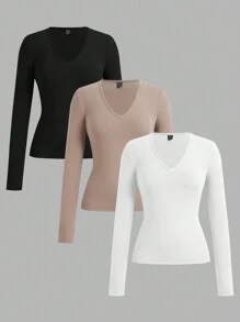 Comfortcana Set de 3 camisetas de mujer con cuello en V profundo, ajuste ceñido, manga larga básica, forradas térmicas, aptas para otoño e invierno