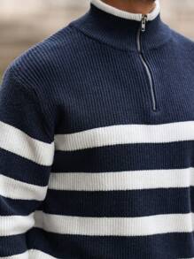Manfinity CityGents Suéter casual de manga larga con cuello alto de media cremallera, estampado de bloques de color y rayas, para salir, para el esposo