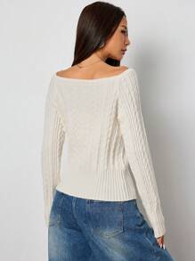 Flirla Simple Fitted Slash Neck Knitted Sweater Top, Casual & Versatile Open Shoulder White Top For Autumn/Winter Fall - White - View 2