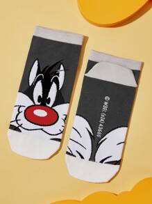 LOONEY TUNES X SHEIN Set de 4 pares de calcetines de tobillo con estampado de dibujos animados y bloques de color para mujer - Multicolor - Ver 12