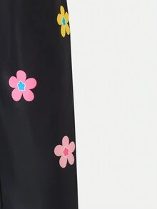 SHEIN Girls' Black Pants With Colorful Floral Pattern, Casual & Fashionable Design, Suitable For Spring And Autumn